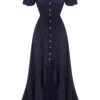 1930s Navy Blue One-Shoulder Button Long Dress -Women's Fashion Sales SCV021584 1