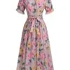 Pink 1930s Floral Bow Tie Pleated Dress -Women's Fashion Sales SCV021586 1 compressed
