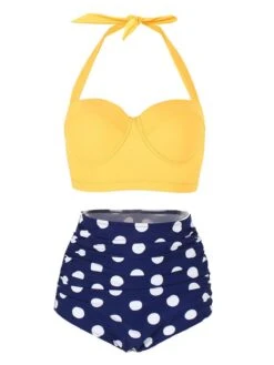 1950s Polka Dot Halter Pleated Bikini -Women's Fashion Sales SCX000108 Y 1
