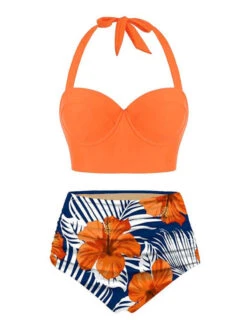 Halter Flowers Pleated Bikini Set
