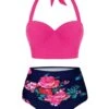 Rose Red 1950s Halter Flowers Bikini Set -Women's Fashion Sales SCX000723 BRR