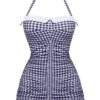 Checked 1950s Halter Bowknot One-piece Swimsuit