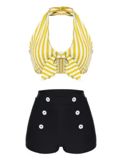 [Pre-Sale] Yellow 1950s Retro Halter Stripes Bikini Set