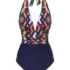 Blue 1940s Tropical Deep-V Halter Swimsuit -Women's Fashion Sales SCX001154 BL