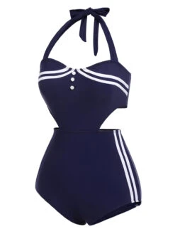 Navy Blue 1930s Halter One-piece Swimsuit -Women's Fashion Sales SCX001168 NB 3