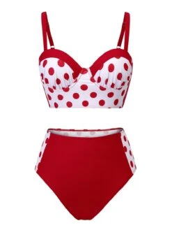 Red 1950s Polka Dot Pleated Swimsuit -Women's Fashion Sales SCX001270 1