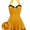 Yellow 1940s Contrast Halter Patchwork Swimsuit -Women's Fashion Sales SCX001364 01