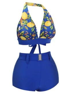 Blue 1930s Halter Lemon Belted Swimsuit -Women's Fashion Sales SCX001366 3 compressed