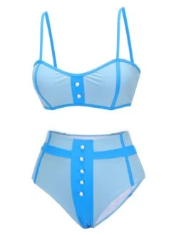 Blue 1950s Button Patchwork Swimsuit 12 Blue 1950s Button Patchwork Swimsuit -Women's Fashion Sales SCX001400 4