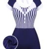 Navy Blue 1930s Stripe Patchwork Swimsuit -Women's Fashion Sales SCX001401 NB 01