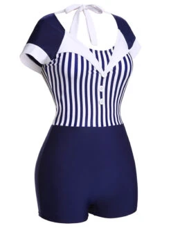 Navy Blue 1930s Stripe Patchwork Swimsuit -Women's Fashion Sales SCX001401 NB 2