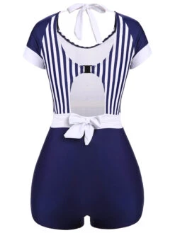 Navy Blue 1930s Stripe Patchwork Swimsuit -Women's Fashion Sales SCX001401 NB 3