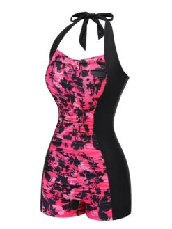 Black & Pink 1950s Floral Halter Swimsuit -Women's Fashion Sales SCX001422 2