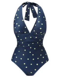 Blue 1960s Polka Dot Patchwork Halter Swimsuit