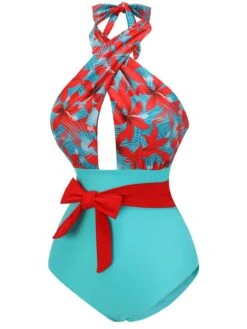 1950s Bow Tie Floral Cross Straps Swimsuit -Women's Fashion Sales SCX001476 2