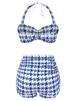 Blue 1940s Houndstooth Bow Halter Swimsuit -Women's Fashion Sales SCX001492 2