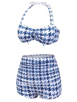 Blue 1940s Houndstooth Bow Halter Swimsuit -Women's Fashion Sales SCX001492 3