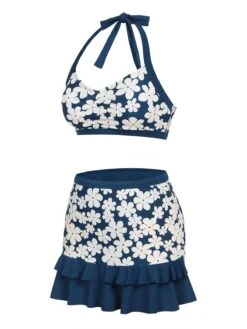 Blue 1940s Floral Ruffles Halter Swimsuit -Women's Fashion Sales SCX001563 2 compressed