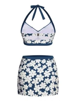 Blue 1940s Floral Ruffles Halter Swimsuit -Women's Fashion Sales SCX001563 3 compressed