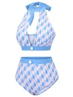 Blue 1940s Hole Collar Halter Swimsuit 11 Blue 1940s Hole Collar Halter Swimsuit -Women's Fashion Sales SCX001568 2