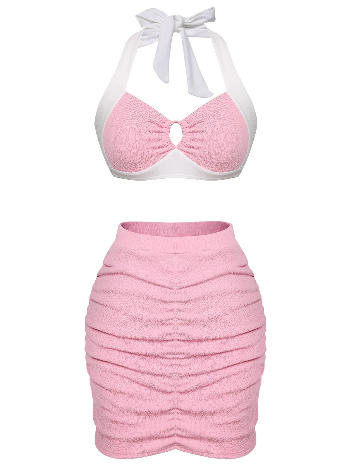 Pink 1940s Patchwork Lace-Up Halter Swimsuit 4 Pink 1940s Patchwork Lace-Up Halter Swimsuit - Image 2