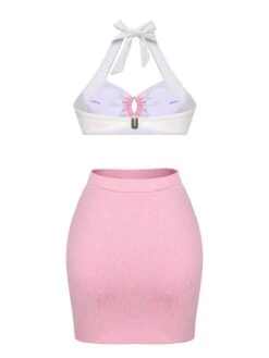 Pink 1940s Patchwork Lace-Up Halter Swimsuit 12 Pink 1940s Patchwork Lace-Up Halter Swimsuit -Women's Fashion Sales SCX001569 3 compressed