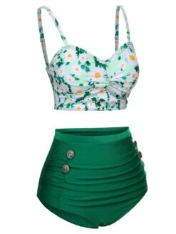 Green 1950s Daisy Strap Pleated Swimsuit -Women's Fashion Sales SCX001605 2 compressed