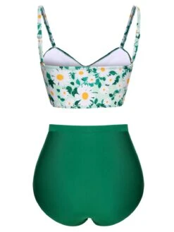 Green 1950s Daisy Strap Pleated Swimsuit -Women's Fashion Sales SCX001605 3 compressed