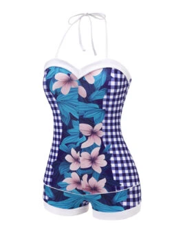 Blue 1950s Plaid&Floral Swimsuit -Women's Fashion Sales SCX001620 2