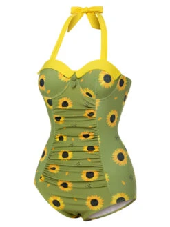 Green 1930s Sunflowers Halter Swimsuit -Women's Fashion Sales SCXL000008 2