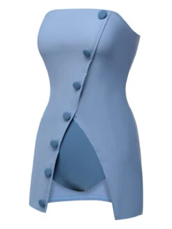 Blue 1930s Solid Buttoned Bandeau Swimsuit -Women's Fashion Sales SCXL000025 2
