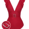 Red 1950s Solid Deep V-Neck Belt Swimsuit -Women's Fashion Sales SCXL00003 01