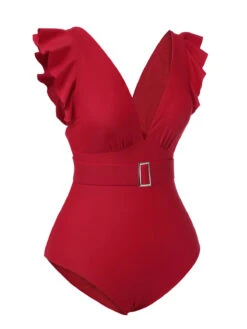 Red 1950s Solid Deep V-Neck Belt Swimsuit -Women's Fashion Sales SCXL000030 2