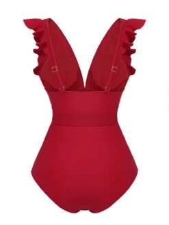 Red 1950s Solid Deep V-Neck Belt Swimsuit -Women's Fashion Sales SCXL000030 33