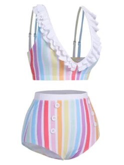 Multicolor 1950s Rainbow Stripes Swimsuit -Women's Fashion Sales SCXL000035 2