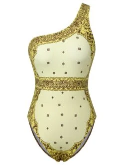 [Plus Size] 2PCS Yellow 1960s One-shoulder Swimsuit & Cover Up -Women's Fashion Sales SCXL000037 1