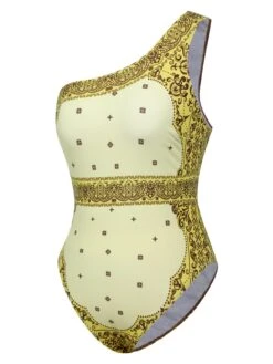 [Plus Size] 2PCS Yellow 1960s One-shoulder Swimsuit & Cover Up -Women's Fashion Sales SCXL000037 2