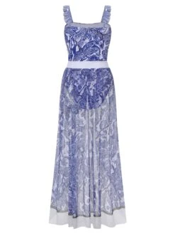 [Plus Size] 1960s Blue-and-white Porcelain Swimsuit & Cover-up -Women's Fashion Sales SCXL000038 3