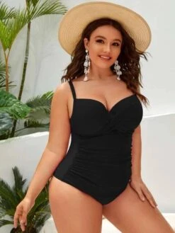 [Plus Size] 1950s Solid Front Cross One-Piece Swimsuit -Women's Fashion Sales SCXL000049 5