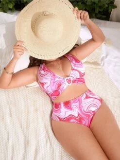 [Plus Size] Pink 1930s Marble Print Halter Swimsuit -Women's Fashion Sales SCXL000068 P 1 2