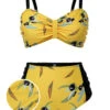 [Plus Size] Yellow 1930s Contrast Floral Strap Swimsuit