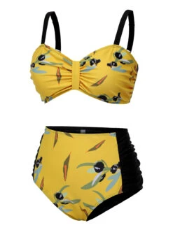 [Plus Size] Yellow 1930s Contrast Floral Strap Swimsuit -Women's Fashion Sales SCXL000071 Y 01 3