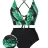 [Plus Size] 1930s Green Leaves V-Neck Strap Bikini Set -Women's Fashion Sales SCXL000073 B 01 1