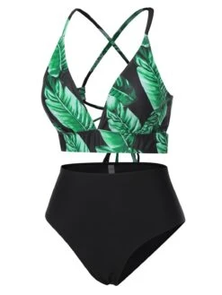 [Plus Size] 1930s Green Leaves V-Neck Strap Bikini Set -Women's Fashion Sales SCXL000073 B 01 3