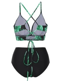 [Plus Size] 1930s Green Leaves V-Neck Strap Bikini Set -Women's Fashion Sales SCXL000073 B 01 4