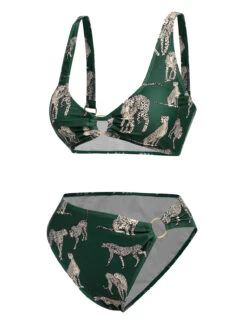 Green 1940s Leopard Halter Split Swimsuit -Women's Fashion Sales SCXL000084 2