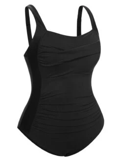 [Plus Size] Black 1960s Pleated Solid Swimsuit -Women's Fashion Sales SCXL000086 B 01 3