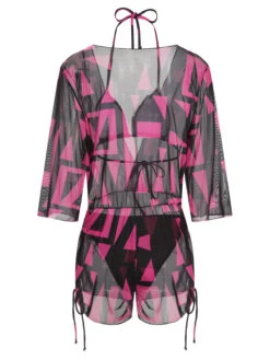 3PCS Rose Red 1960s Geometric Bikini Set & Cover-Up -Women's Fashion Sales SCXL000090 RR 1 3