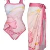 2PCS 1950s Pink Print Swimsuit & Cover-Up