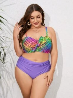 [Plus Size] 1960s Strap Colorful Plaids Bow Swimsuit -Women's Fashion Sales SCXL000135 MC 8 5